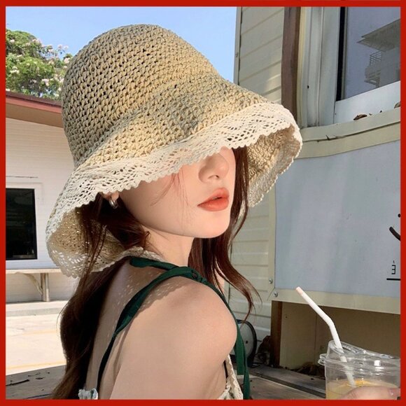 Chic Lace-Trimmed Tan Sun Hat - Picture 3 of 4